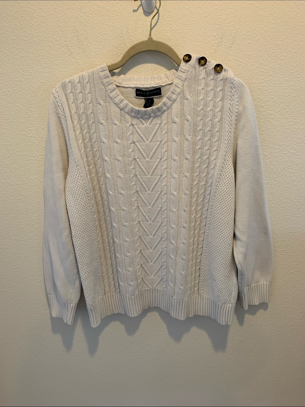 Karen Scott Cream Cable-Knit Crewneck Sweater with Shoulder Buttons